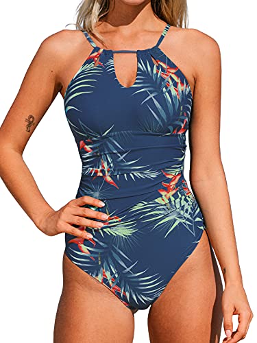 CUPSHE Damen Badeanzug High Neck Cutout Bademode Bauchweg Tropischer Blätterprint Einteilige Strandmode Swimsuit Blau/Blätter L