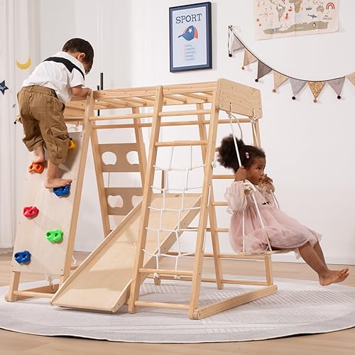 Giant bean klettergerüst Indoor, Mittelgroßer Indoor-Spielplatz, Klettergerüst für Kinder im Alter von 2 bis 5 Jahren, Kleinkinder-Kletterspielzeug 8-in-1 mit Rutsche, Kletterwand, Kletterseil