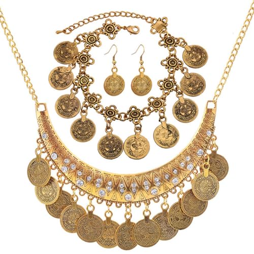 VJUYSW 3 Wahrsagerin Schmuck Set, Indisch, Zigeuner Kostüm Accessoires, Gold Vintage Münze Schmuck für Piraten, Bauchtanz Dress Up, Boho-Stil Halsketten, Armbänder, Ohrringe für Frauen und Mädchen