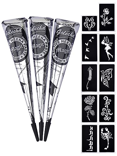 eLander 3x Henna Tattoo Temporäre Natürliche + 10x Schablone, Mehndi , Kegel, sticker, Tätowierung (schwarz)