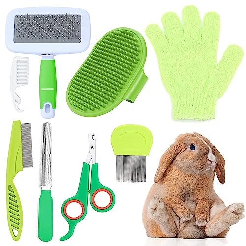 MIAOZ Kaninchen Pflege Set mit Nagelknipser und Trimmer Haustier Haarentferner Lang und Feile, Floh Kamm, Shampoo Badebürste für Hasen Welpen Kätzchen Meerschweinchen Frettchen kleine Tiere (grün)