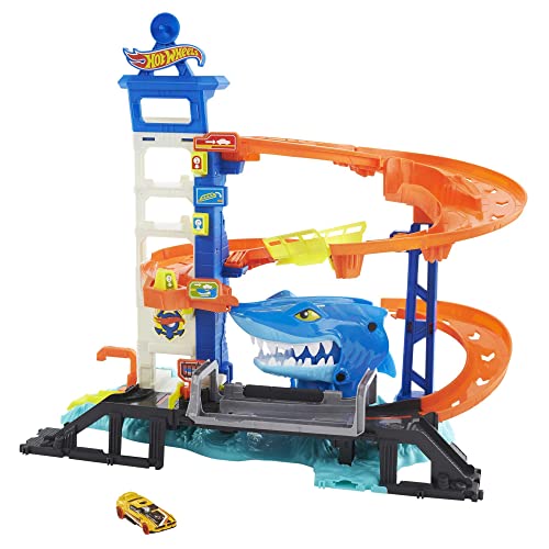 Hot Wheels City Hai-Angriff Spielset, mit 1 Auto, Track mit Erzfeind, mit Anderen Sets kombinierbar, Spielzeug für Kinder ab 4 Jahren