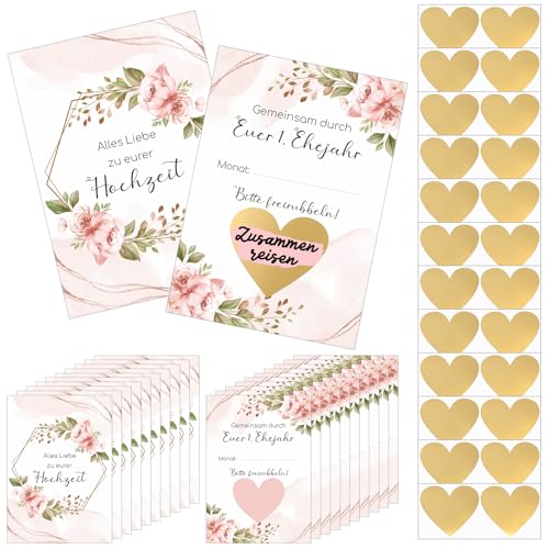 Clabby 12 Sets Rubbelkarten Hochzeit Hochzeitsgeschenk Enthalten 12 Rubbellose und 12 Herzaufkleber Gemeinsam Durch Euer 1. Ehejahr Hochzeitsspiel für Brautpaar als Gutscheine für Braut Bräutigam