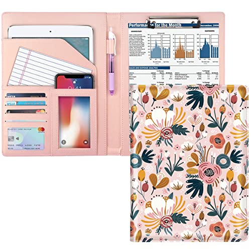 WAVEYU Portfolio-Mappe für Damen, niedliches Padfolio mit Blumen für Mädchen, Konferenz-/Lebenslauf-/Rechtsdokumenten-Organizer mit Klemmbrett in A4-Größe, Visitenkartenhalter, pinke Blume