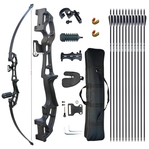 DD&Qarchery Recurve Bogen und Pfeil Set für Erwachsene Anfänger 30-40lb Rechtshänder Jagd Langbogen mit Metall Riser und 12ps Pfeile（40 LBS, Schwarz）