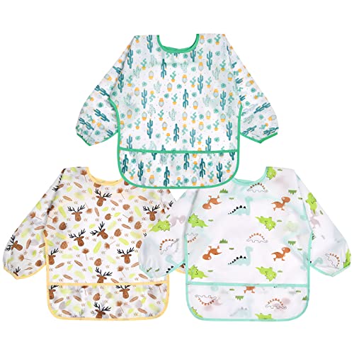 Vicloon Baby Lätzchen mit Lange Ärmeln,3PCS Ärmellätzchen Wasserdicht,Baby Bibs Set, Unisex Lätzchen Set für Essen Kunst Handwerk Malerei Bemalen Spielen für 6-24 Monaten