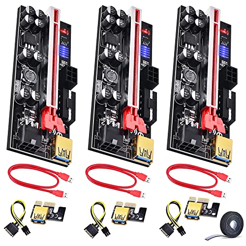 ELUTENG PCIE 1X bis 16X Riser Karte Adapter für GPU Mining Rig 4 Solid Kondensatoren Powered 6PIN/MOLEX/SATA mit 60cm USB 3.0 Verlängerungskabel für Bitcoin GPU Mining, 3 Stücke