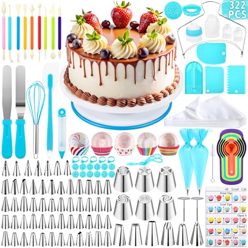 ROELLY Torten Zubehör Set, Tortenplatte Drehbar-Backwerkzeuge, 322-Backzubehör, Mit Verschiedenen Arten Von Spritztüllen Set, Geeignet für Familienfeiern, Geburtstagsfeier-Kuchenherstellung