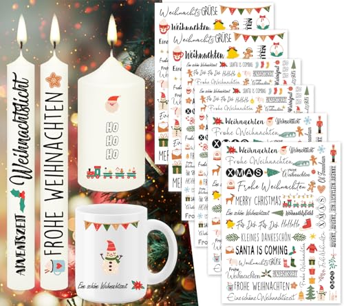 Tixlux 6 PCS Kerzentattoo Weihnachten (200+ Muster), Wassertransferdruck | Wasserschiebefolie kerzen | Kerzenaufkleber | Kerzen dekorieren | Gedenklicht | Trostkerze | Geburtstagskerze (WeihnachtenⅡ)