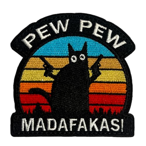 PEW PEW MADAFAKAS Schwarz Katze mit Pistole Aufnäher Moral Patches Klett Stickerei Taktische Klettverschluss Für Kleidung Rucksack Baseballkappe Uniform Weste Hundegeschirr, Regenbogen