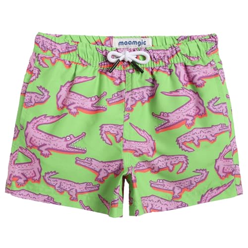 MaaMgic Badehose Jungen Sommer Badeshorts Schnelltrocknend Boardshorts mit Netzfutter Taschen und Verstellbarem Tunnelzug Urlaub Shorts,Krokodil Hellgrün Rosa Lila,5-6 Jahre alt