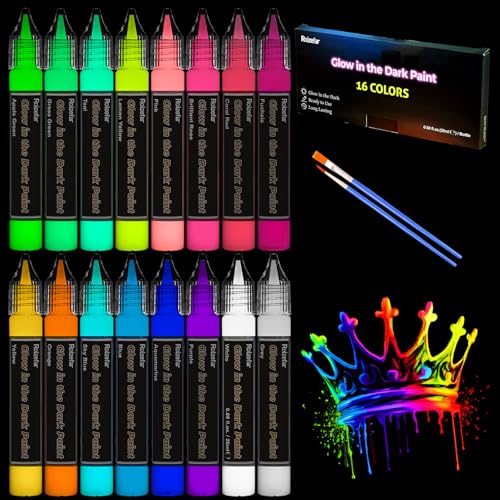 Roizefar Nachtleuchtende Farben 16×20ml, 3D Wasserfest Textilfarbe Farbe, glow in the dark Farben, Fluoreszierende Farbe DIY Stofffarben Klebestift für Kindermalerei, Leinwand Textil
