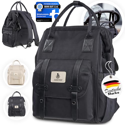 Zaubernest Baby Wickelrucksack (wasserabweisend) [20L Volumen] | stylische Wickeltasche hält mit Schnalle an jedem Kinderwagen | Rucksack aus recyclebaren PET Flaschen nachhaltig produziert (schwarz)