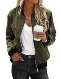 Zeagoo Damen Bomberjacke Herbst Dünne Leichte Blouson Fliegerjacke Motorradjacke Langarm Sportlich Übergangsjacke Grün Jacke mit 2 Taschen Reißverschluss für Fruhling Sommer L