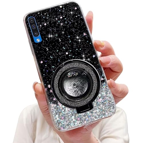 Tivenfezk Nadoli Sparkle Treibsand Ständer Hülle für Samsung Galaxy A30S/A50,Versteckt Ständer Ring Klar Glitzer Stern Handyhülle Durchsichtig Bling Schutzhülle Case Cover,Schwarz