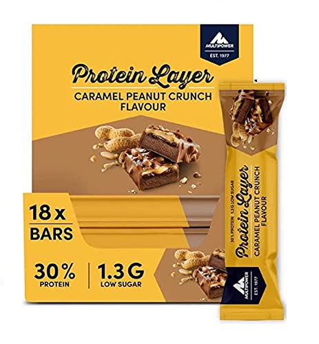 Multipower Protein Layer Bar Energieriegel mit 30 % Protein – Fitnessriegel 18 x 50g – Proteinriegel als Sport-Snack – Eiweißriegel mit Caramel Peanut Crunch Geschmack – kalorienarmer Eiweißriegel