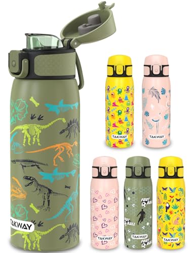 TAKWAY Edelstahl Trinkflasche Kinder 550ml - Auslaufsicher, isoliert und Kohlensäure geeignet - Flasche für Schule, Sport (Dinosaurier)