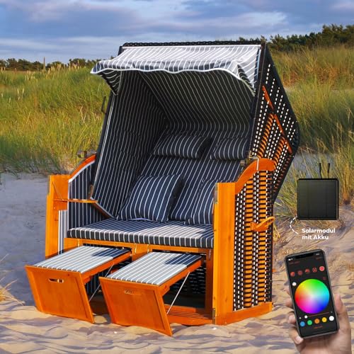 Swing & Harmonie RGB - Strandkorb XXL - 118cm inkl. Abdeckcover LED Luxus Volllieger mit Solarmodul Ostsee Sonneninsel Rattan Möbel Polyrattan (grau/weiß - nadelstreifen)