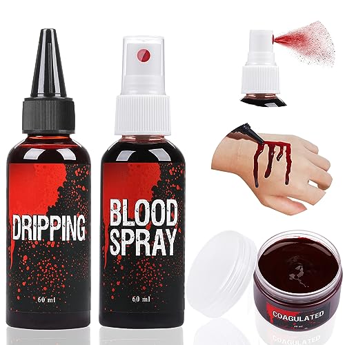 Kunstblut Set, 60ml Kunstblut Spray und 60ml Tropfendes Kunstblut und 40ml Wundschorf Kunstblut, Halloween Waschbar Kunstblut Make-up für Kleidung, Zombie, Vampir Cosplay & Dress Up