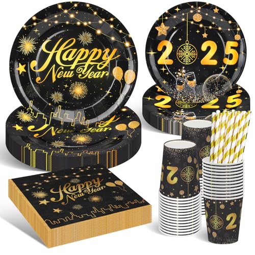 DANXIAN 2025 Silvester Partygeschirr Set, 2025 Happy New Year Partygeschirr Schwarz Gold, Neujahr Partygeschirr Kit für Geburtstagsdeko Junge Mädchen Partys 20 Gäste