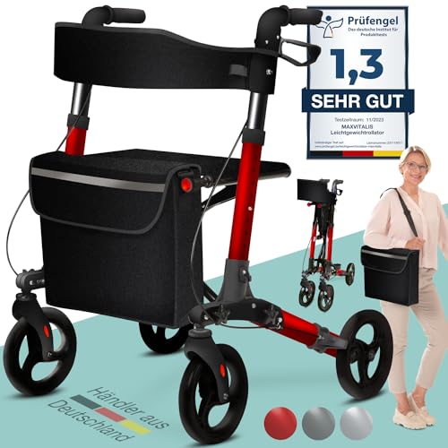 maxVitalis Rollator faltbar und leicht mit Sitz, Leichtgewicht-Reiserollator aus Aluminium, Gehhilfe 8-fach höhenverstellbar, Laufhilfe 3-fach faltbar für Kofferraum, Tasche & Schirmhalter Rot