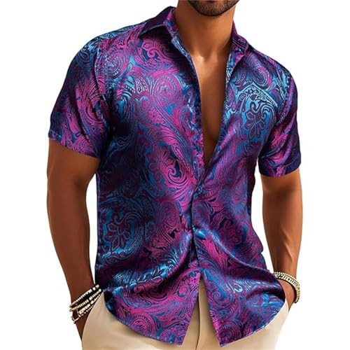 Generisch Paisley Hemd Herren Satinhemd Jacquard Businesshemd Kurzarm Paisleyhemd Button Down Elegant Freizeithemd Casual Regular Fit Partyhemd Hawaiihemd Atmungsaktiv Weich Oberhemd