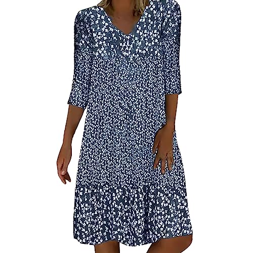 kleider,Damen Sommerkleid Kurzarm V-Ausschnitt Kleider Blumenmuster Kleid Wickelkleid - Einfarbig Knielang Blusenkleid Elegant Midikleid Casual Lockeres Strandkleid Blau 3XL