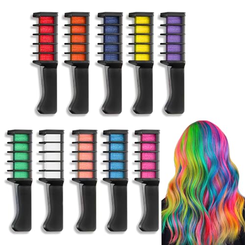 10 Stück Haarkreide Kamm, Temporäre Haarfarbe Kamm ungiftig Haarkreide für Mädchen Haarkreide Glitzer Tattoos Set für Karneval, Cosplay,Party, Weihnachten Halloween