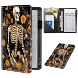 Serverbuch für Kellnerin, Leder-Kellnerbuch-Organizer mit Reißverschlusstasche, Kellnerbuch, Server-Geldbörse, passend für Server-Schürze und Gäste-Scheckbücher für Kellnerin, Skelett, Blumen