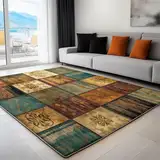 Teppich Moderner Kurzflor Wohnzimmer 60 x 120 cm Teppich Waschbar, Eleganter Rustikaler Platz Design, Pflegeleicht und Weich Ideal für Schlafzimmer, Esszimer und als Küchenteppich Braun Grün