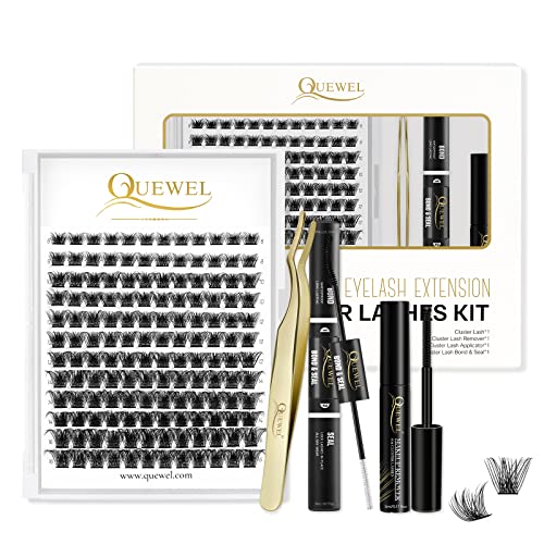 QUEWEL 144 Pcs Wimpern Cluster, DIY Wimpern Extensions Set, Super Hold Cluster Wimpern Bindung und Dichtung, Cluster Wimpern Einzeln Applicator Tool (QU-RR-DH-01)