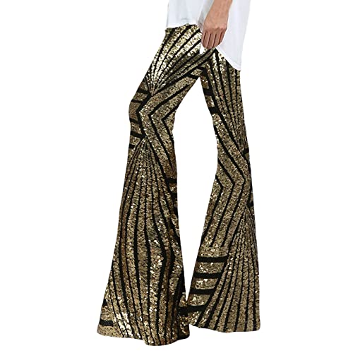 Glitzer Strumpfhose Damen Festival Pailletten High Waist Bootcut Hose Mit Mode Glänzend Hight Taille Discotanz Lang Hosen Party Strassenmode Weites Bein Elastisch Elegant Outdoorhose (Gold, M)