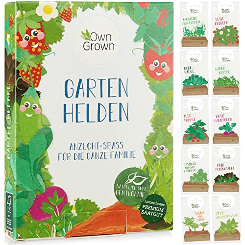 Kinder Pflanzen Set: Tolles Kinder Anzuchtset mit 10 Sorten Pflanzen Samen – Gemüse Samen, Erdbeeren Samen, Kräuter Samen – Mini Garten Starter Kit – Saatgut Gemüse – Pflanzen Züchten mit OwnGrown