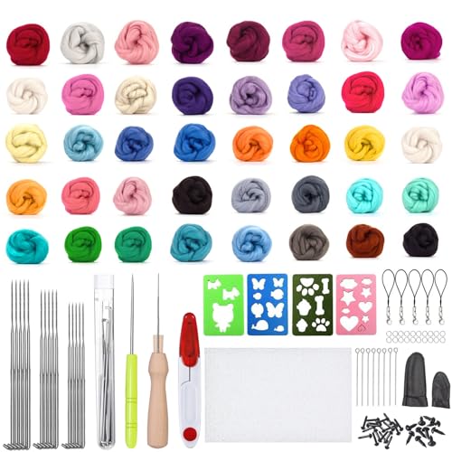 Filz Set, Nadelfilz Set mit 40 Farben Filzwolle Roving,Komplettes Filzset für Anfänger mit Grundlegenden Filzwerkzeugen und Zubehör Wollfasern, Handspinnent Basteln, Nassfilzen