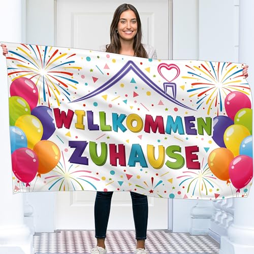 Willkommen Zuhause Banner 150 x 90 cm – Herzlich Willkommen Girlande – Willkommen Zurück Deko – Lebendiger Digitaldruck – 110 Den Polyester – Doppelnaht (Weiß)