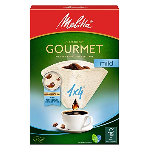 Melitta Gourmet Filtertüten 1x4, Mild, Aromasoft Struktur, Naturbraun, 80 Stück