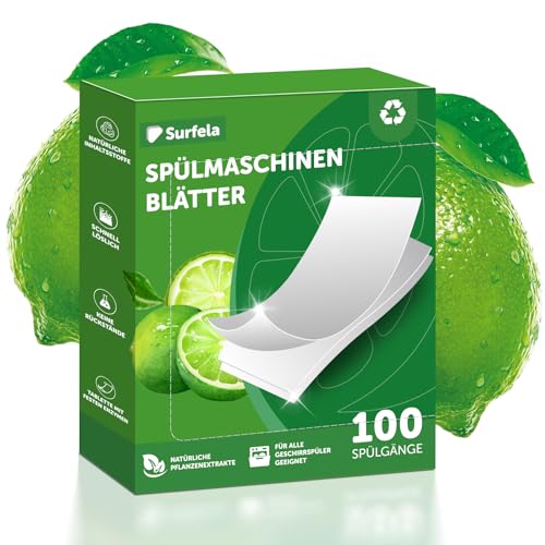surfela Spülmaschinen Blätter – 100 Tabs, plastikfrei und biologisch abbaubar, eine kraftvolle Reinigung, Spülmaschinentabs Ersatz, Zitronenduft