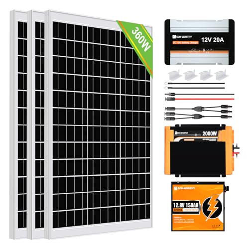 ECO-WORTHY 360W Solaranlage Komplettset netzunabhängiges für Wohnmobil Camper:3 Stücke 120W Solarpanel +20A DC-DC Ladebooster+1 Stücke 150Ah LiFePO4 batterie+2000W wechselrichter