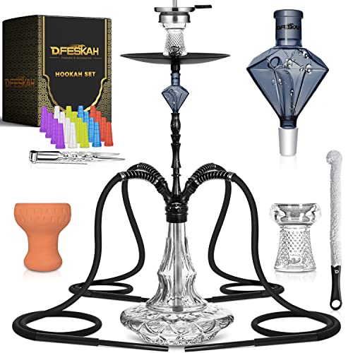 DFESKAH Shisha Set, Groß Hookah Aluminium 88cm | Wasserpfeife Set Komplett 4 Schläuche 4 Anschlüsse Adapter | Molassefänger Glaskopf Tonkopf Mundstück Edelstahl Kaminaufsatz Zange Sieb Bürste Schwarz