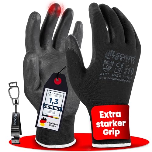 schutzmeister® 12 Paar Premium PU Arbeitshandschuhe, Größe 7/S - 11/XXL - atmungsaktiv, starker Grip, feines Tastgefühl, Montage, Garten-Handschuhe, Sicherheitshandschuhe - Herren, Damen, Mechaniker