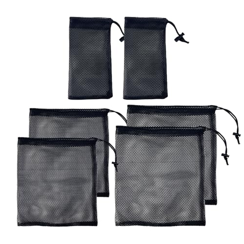 Yicoovey 6er-Set Nylon Mesh-Taschen mit Kordelzug - Atmungsaktive Aufbewahrungstaschen für Sportzubehör/Reisen/Kosmetik, Multifunktionale Organizer für Spielzeug/Kleidung (Robustes Schwarz, 6 Stück)
