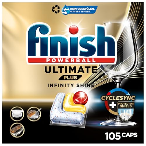 Finish Ultimate Plus Infinity Shine Citrus Spülmaschinentabs – Geschirrspültabs für intensive Reinigung, Fettlösekraft und Glanz mit Schutzschild – 105 Caps, Tablette, Zitrone