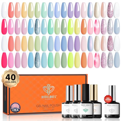 modelones 40Pcs UV Nagellack Shellac Set, 36 Farben Pastell Dreamy Collection Macaron Glitter Gel Nagellack Soak Off Sommer Nagellack, 4Pcs Nail Primer Base Matte Glossy Top Coat für Mädchen Frauen