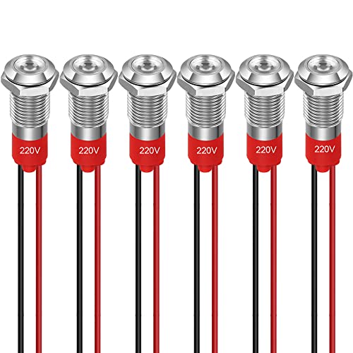 GUUZI 6pcs 8mm Voyant LED 220-230V Signal Lumineux étanche Panneau Métallique Voyant LED Montage sur Panneau Tête Plate Avec Fils Coque Argentée (Blanc)