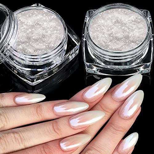 2 Schachteln Weiße Perle Chrom Nagelpuder - Transparent Aurora Ice Shimmer Chrome Pigment Pulver für Nägel, Glazed Donut Glitzerpuder Nails Spiegeleffekt-Glitter Nagelkunst-Pulver für DIY-Salon