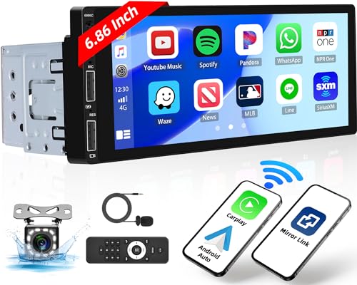 Autoradio 1 Din Wireless Carplay mit Android Auto Bluetooth, 6,8 Zoll Single-Din Touchscreen Car Radio mit Mirror Link AUX/USB/FM Radio EQ SWC Rückfahrkamera+Fernbedienung+MIC