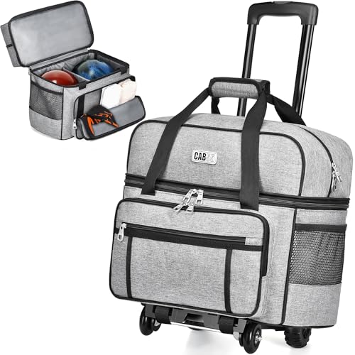 CAB55 Bowlingtasche mit 2 Bällen und 4 Rollen, doppelte Bowlingballtasche mit separatem Schuhfach (bis US-Herrengröße 44) und mehreren multifunktionalen Zubehörtaschen, Grau