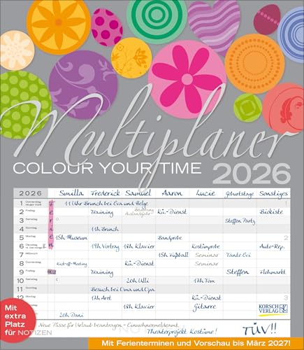 Multiplaner - Colour your time 2026: Familienplaner, 7 breite Spalten. Großer Familienkalender mit Ferienterminen, extra Spalte, Vorschau für 2027 und Datumsschieber. Format: 40x46 cm