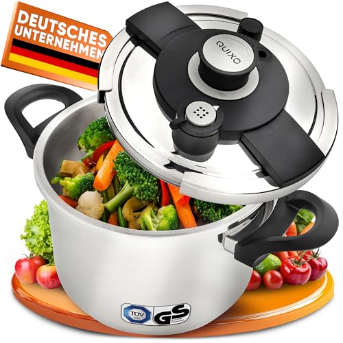 QUIXO Schnellkochtopf 6l VitaSmart 22cm mit QuickSafe-Verschluss [einfache Handhabung] inkl. Dampfeinsatz & Ersatzdichtungsring | Dampfkochtopf mit Platzsparenden Griffen für alle Herdarten