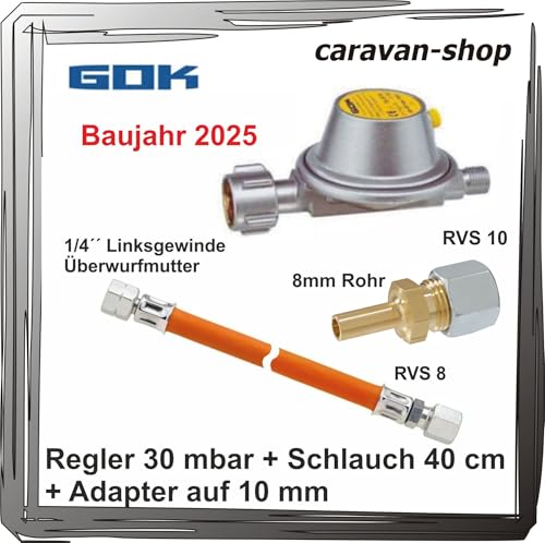 Druckminderer für Caravan Wohnmobil 30 mbar + Schlauch 40 cm, 10 mm Anschluss Gasrohr 10 mm